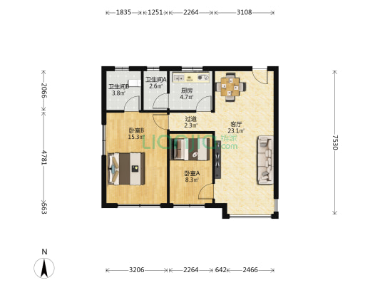 东协广场一区 2室1厅2卫 68平方