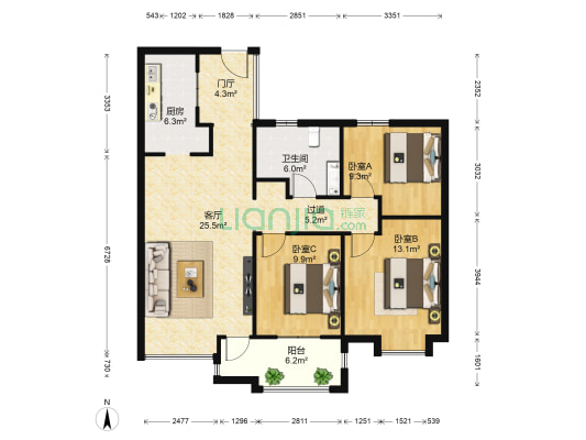 九龙馨苑 3室1厅1卫 108平方
