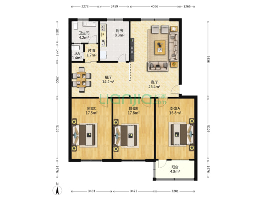 商业建筑公司家属院 3室2厅2卫 134平方