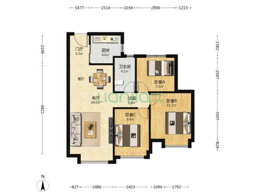 翰林艺境 3室1厅1卫 97平方