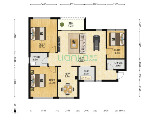 万豪港湾 3室2厅2卫 88平方