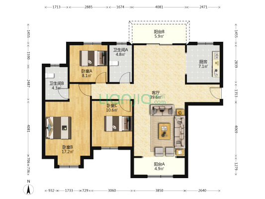 悦景华府 3室1厅2卫 136平方