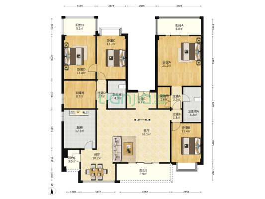 省建行宿舍 4室2厅2卫 194平方
