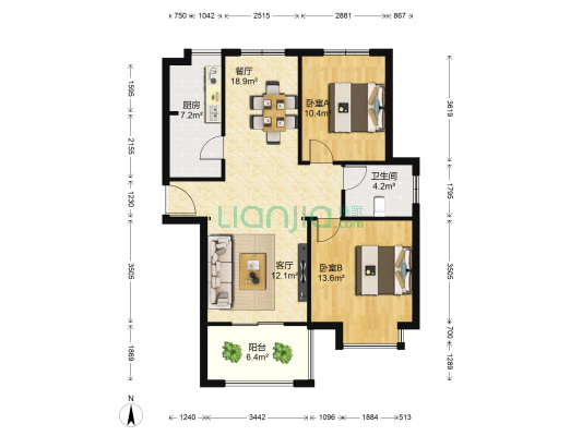 蓝天中央公园 2室2厅1卫 95平方