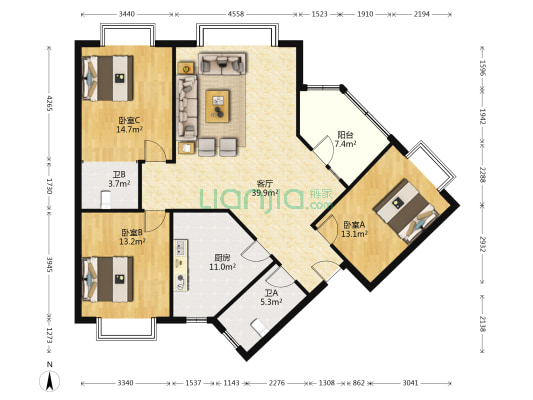 珠江公寓 3室1厅2卫 128平方