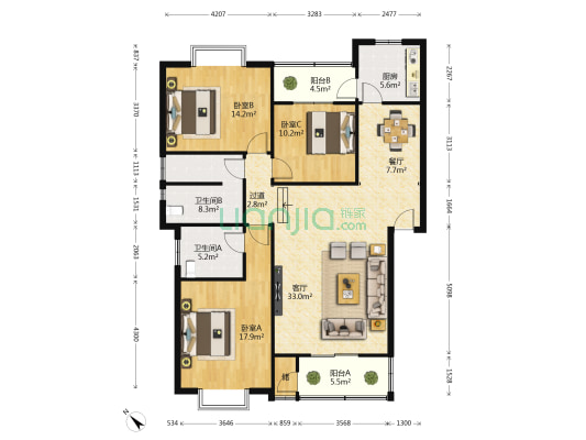 九寨花园 3室2厅2卫 136平方