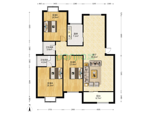 绿野星城 3室1厅2卫 136平方