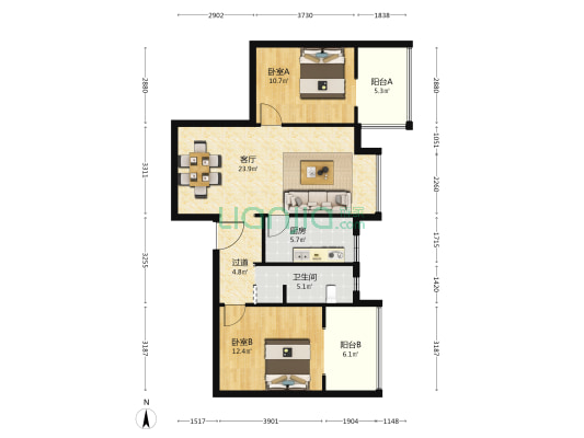 紫府铭居 2室1厅1卫 96平方