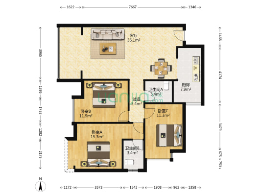 兴旺三路3号 3室1厅2卫 90平方