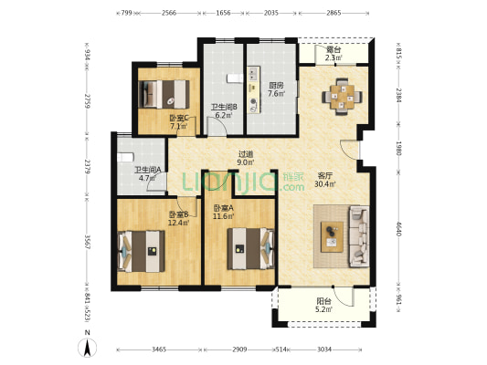 海达如意金岸二期东区 3室1厅2卫 128平方