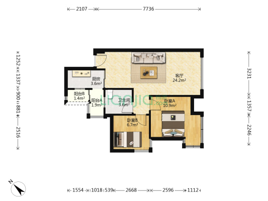晶宝塞纳国际 2室1厅1卫 70平方