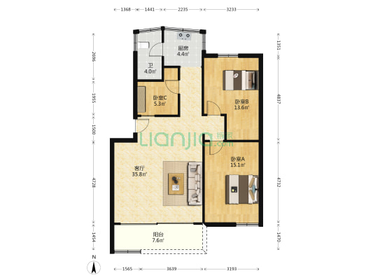 城区政府住宅 3室1厅1卫 103平方