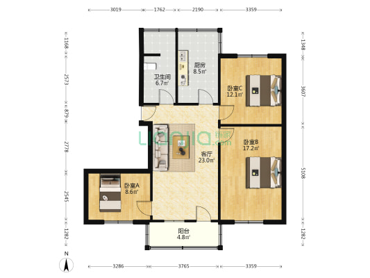 劳动局宿舍 3室1厅1卫 96平方