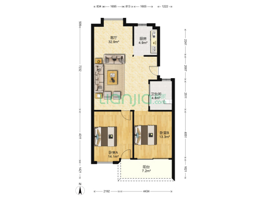 荷景家园 2室1厅1卫 90平方