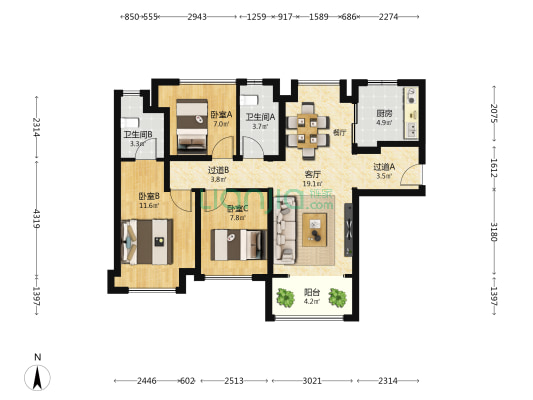 建发书香府邸一期 3室1厅2卫 97平方