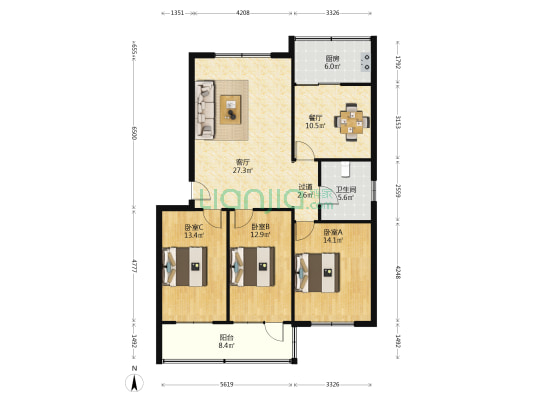 红专一街10号院 3室2厅1卫 117平方