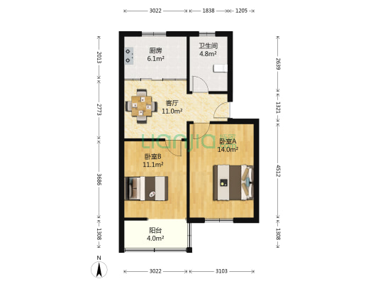 白马涧花园三区 2室1厅1卫 63平方