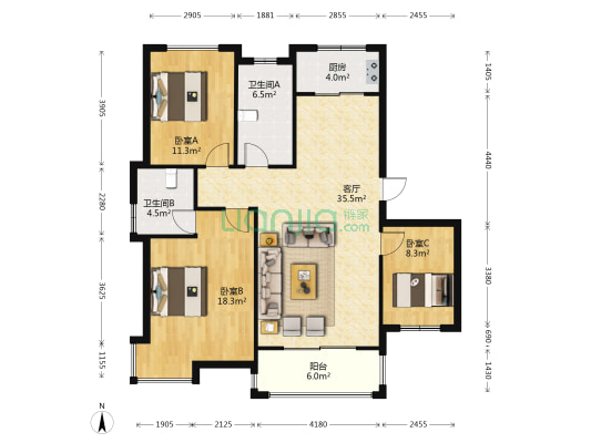 清合嘉园东区 3室1厅2卫 119平方