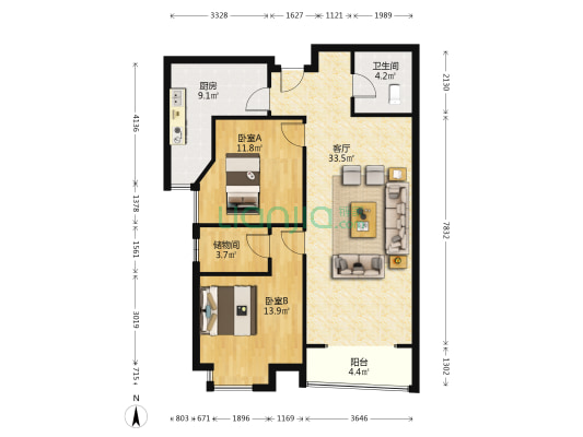 钻石商圈 高品质社区 两室双卫好楼层精装修拎包入住-户型图