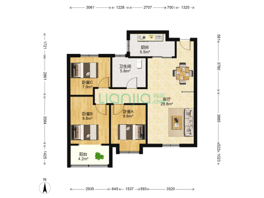 鹊华天禧 3室1厅1卫 103平方