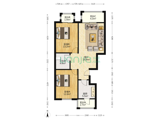 香公馆 2室1厅1卫 98平方