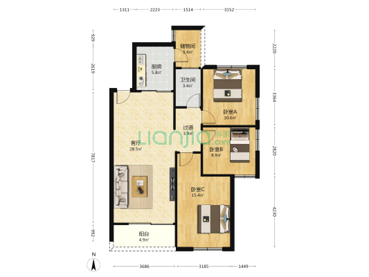 松涛花园二期 3室1厅1卫 96平方