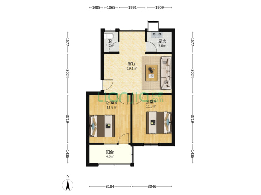 百花园艺 2室1厅1卫 62平方