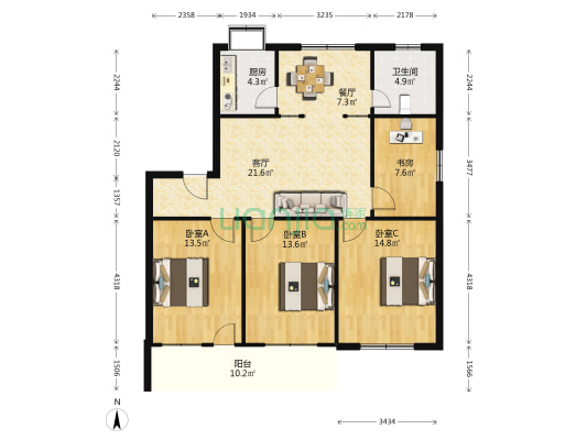 兴新街 4室2厅1卫 107平方