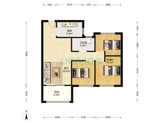 万科红郡二期 3室1厅1卫 95平方