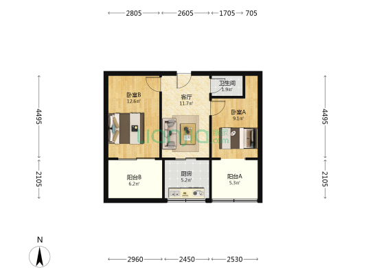 西仓北巷8号 2室1厅1卫 45平方