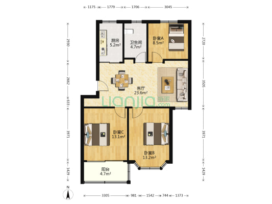 东方瑞市东区 3室1厅1卫 90平方