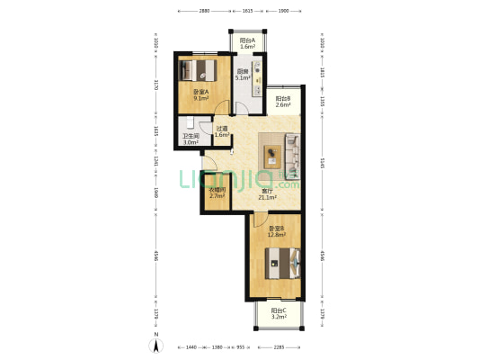 京泽苑 2室1厅1卫 88平方