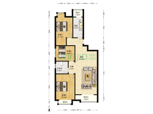 盛世家园(固安) 3室1厅1卫 115平方