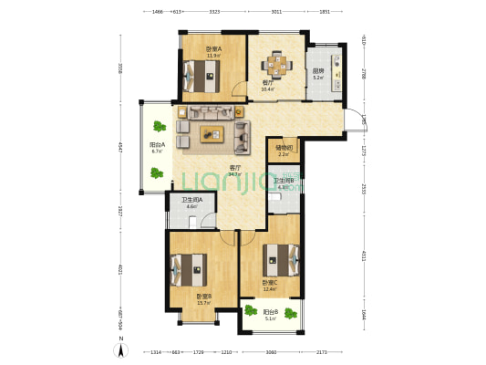 鑫家苑北区 3室2厅2卫 145平方