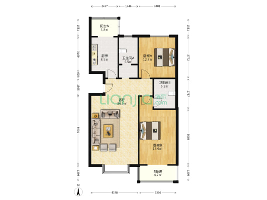 博彩公寓 2室1厅2卫 122平方