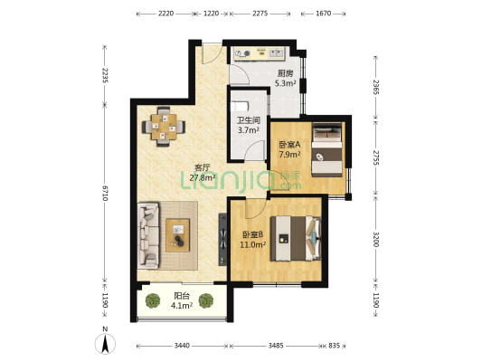 F学府 2室1厅1卫 77平方