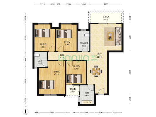 滨江雅苑 4室1厅2卫 139平方