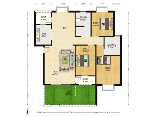 湖畔榕园 3室1厅2卫 280平方