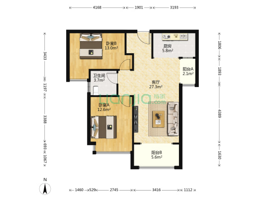瀚宇天悦湾5号院 2室1厅1卫 89平方