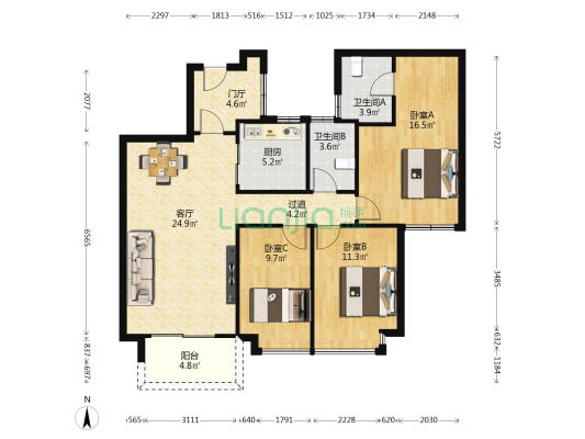 世纪城凯旋湾花园 3室1厅2卫 109平方