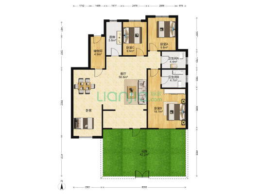 雅致花园 3室1厅2卫 151平方