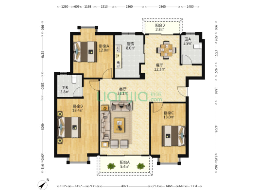 龍寶豪庭 3室2厅2卫 130平方