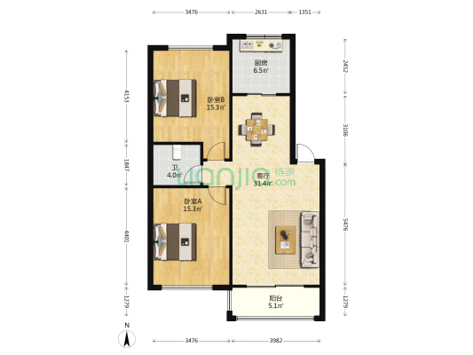 今日阳光庭园 2室1厅1卫 91平方