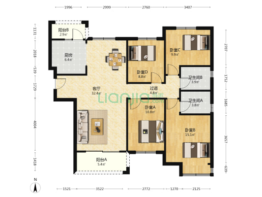 华南城中园三组团 4室1厅2卫 136平方