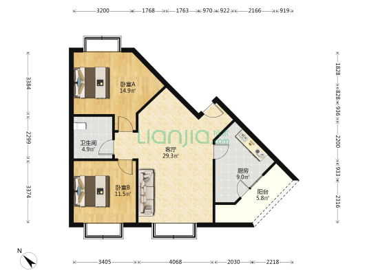 北海苑 2室1厅1卫 90平方