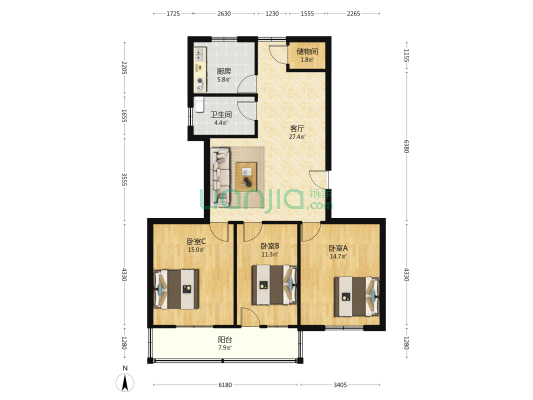 青年组团 3室1厅1卫 107平方
