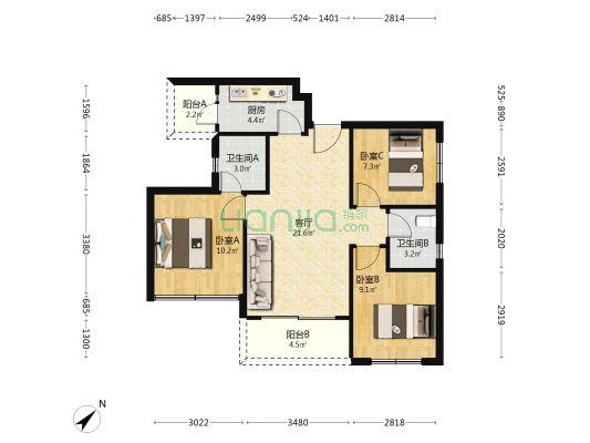 阳光和悦澜庭 3室1厅2卫 85平方