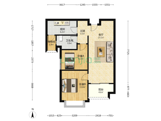 恒大中央广场E区 2室1厅1卫 85平方