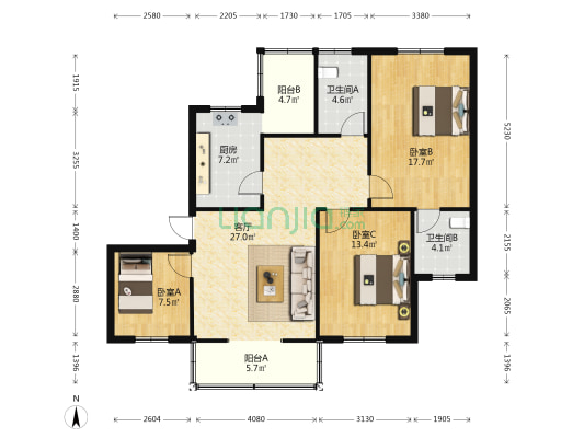 东大金星花苑 3室1厅2卫 106平方