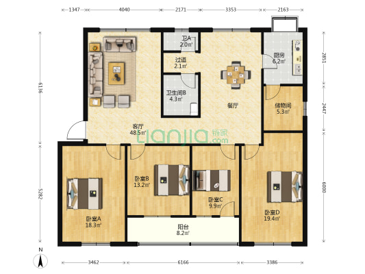 中国电信襄州分公司生活小区 4室1厅2卫 165平方